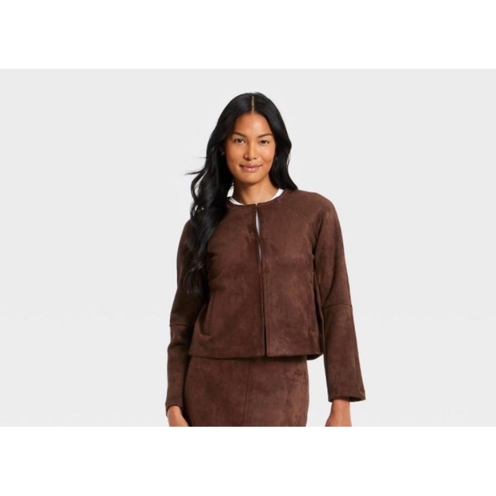 A New Day Womens Suede Jacket Brown Cropped Collarless Open Front XXL NEW